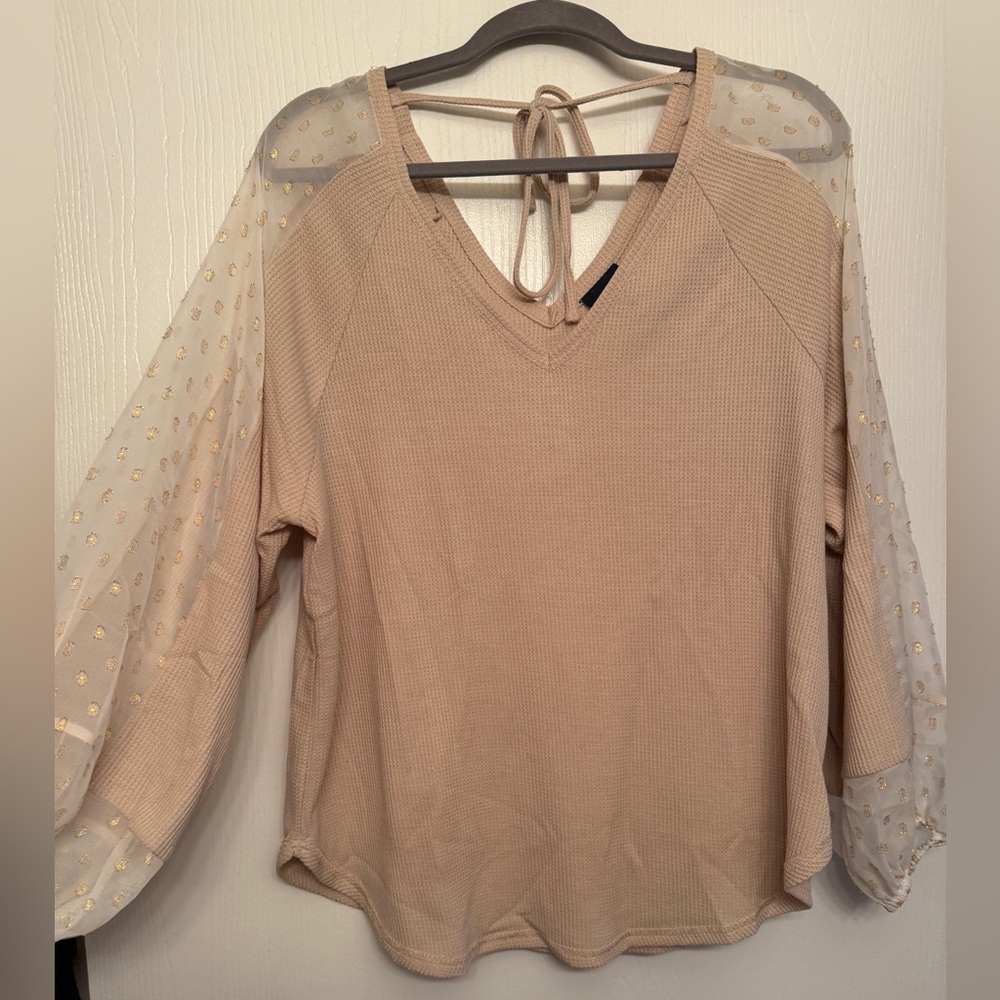 Daytrip Beige Blouse with Sheer Polka Dot Sleeves